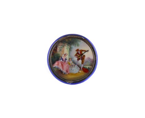 GERMAN STERLING SILVER AND LAPIS ENAMEL DOUBLE COMPACT/ PILL BOX,the larger hinged cover decorated with a rococo scene of two