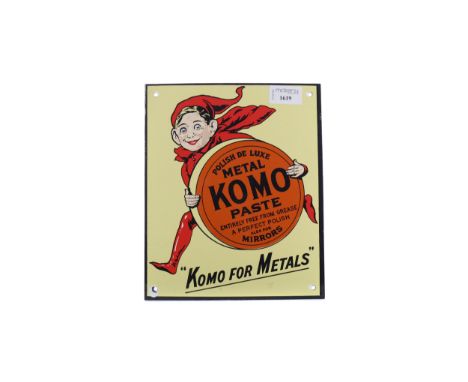 ENAMEL 'KOMO FOR METALS' ADVERTISING SIGN, illustrating an imp modelled holding a 'Metal Komo Paste' tin, 25cm x 20.5cm