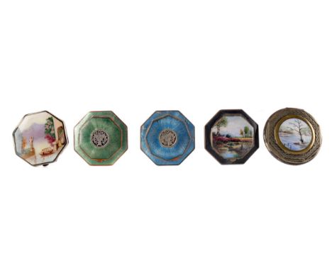 VOGUE SILVER AND ENAMEL OCTAGONAL COMPACT,the hinged cover with an Italian lake scene in enamel, hallmarked Birmingham 1932, 