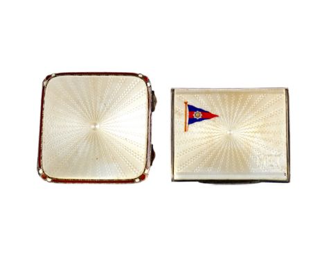 SILVER AND GUILLOCHE ENAMEL SQUARE SHAPED COMPACT,the off white enamel cover within a crimson line and beaded border, hallmar