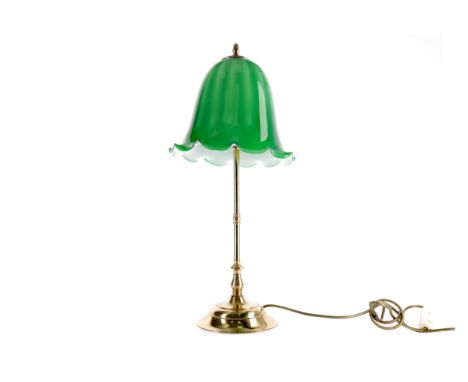 EARLY 20TH CENTURY BRASS TABLE LAMP, with green glass shade, 60cm high