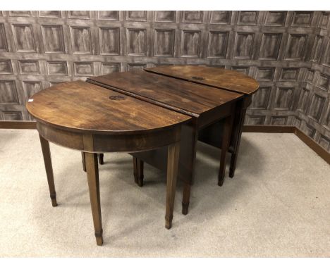 EARLY 20TH CENTURY MAHOGANY SECTIONAL DINING TABLE, by Wylie &amp; Hamilton, of Sheraton design, with D shaped ends, on squar