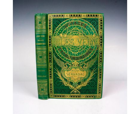 Rare and outstanding volume with green cover of the first illustrated edition of Jules Verne's Hector Sevadac: Voyages et Ave