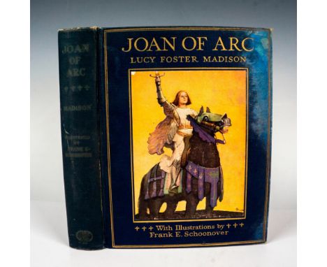 Blue cloth on boards with bright, full size/full color portrait of Joan of Arc pasted on plate to cover. Gilt lettering and d