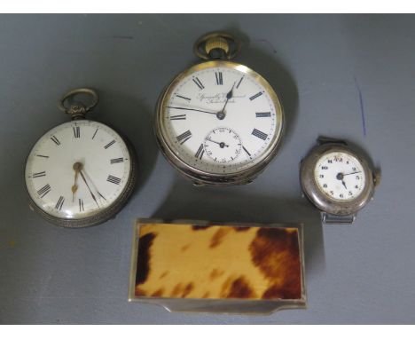 A Swiss made French silver cased open faced pocket watch, an English pocket watch open faced in silver case and a Trench watc