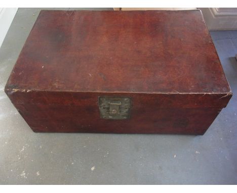 An Oriental leather covered rectangular travel trunk with brass fittings and lined interior - 32cm x 75cm x 48cm