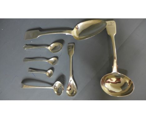 A collection of George III and later silver - comprising of a serving spoon, sauce ladle and selection of smaller spoons - We