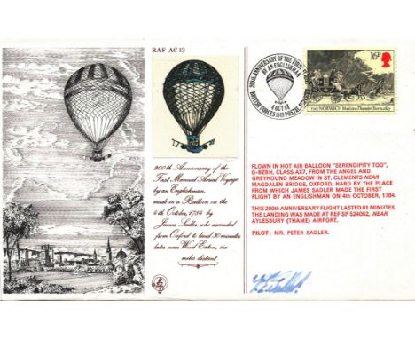 Peter Sadler signed FDC. 200th Anniversary of the first Manned Aerial Voyage made by an Englishman, made in a Balloon on the 
