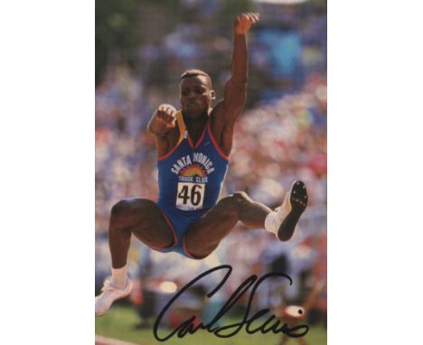 Carl Lewis Olympic Champion signed Olympic photo information card. Frederick Carlton Lewis is an American former track and fi