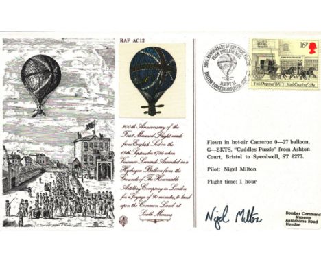 Nigel Milton signed FDC. 20th Anniversary of the first flight from English Soil on the 15 September 1784. Single stamp plus s