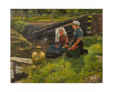KELLER, FRIEDRICH von, ATTRIBUIERT (1840-1914), "Zwei Frauen am Flussufer", mit Wassergefäßen auf der Wiese sitzend, u.re. mo