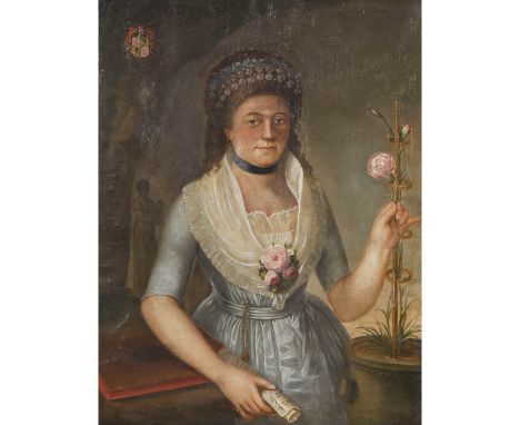 MALER/IN 17./18. Jh., "Portrait einer jungen Dame mit Nelke und Wappen", Darstellung in stehender Position als Kniestück, die