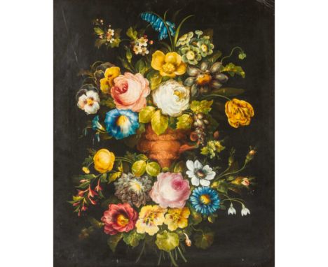 MALER/IN 18./19. Jh., "Stillleben mit Blumenbouquets", die Blumen in und vor einer Kratervase drapiert, Öl/Leinwand doubliert