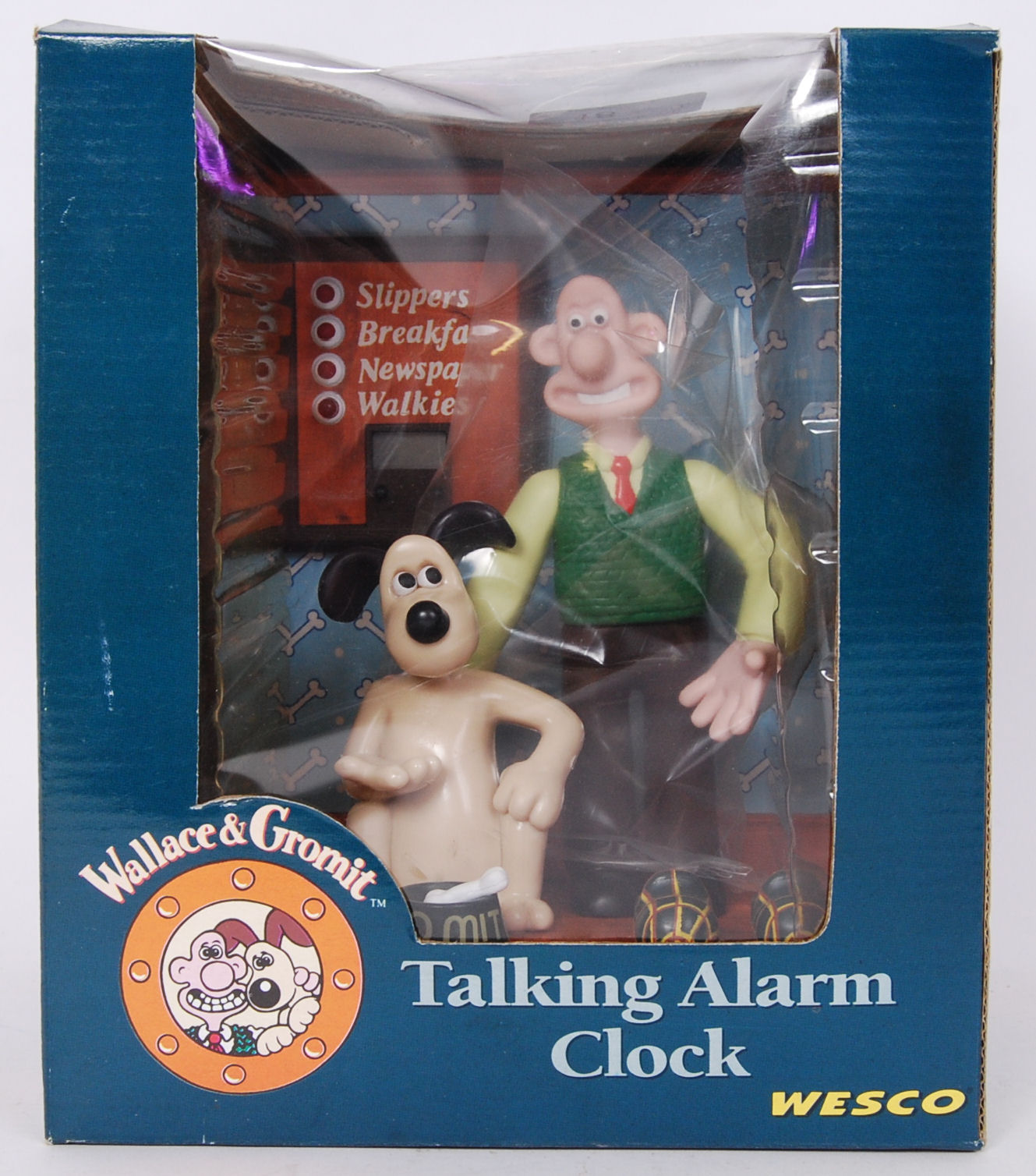 An original 1989 Wesco Wallace & Gromit talking alarm clock. Within