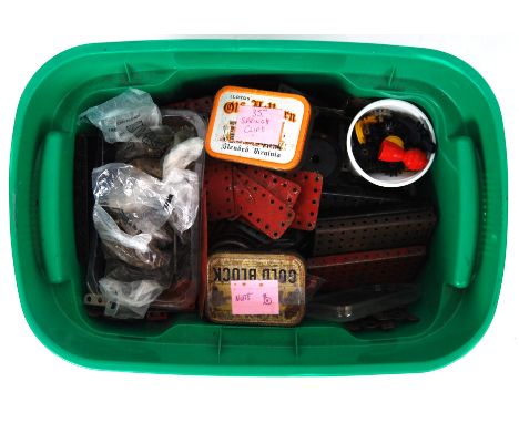 A large box of original vintage Meccano to include; nuts, spring clips, red, green, &amp; silver coloured straights, cogs, sc