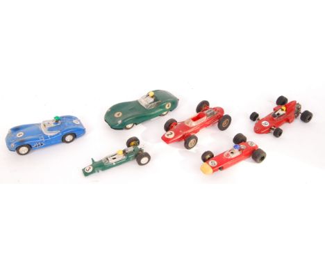 A collection of original vintage models cars for mainly scalextrics to include; green &amp; blue coloured sports cars and F1 