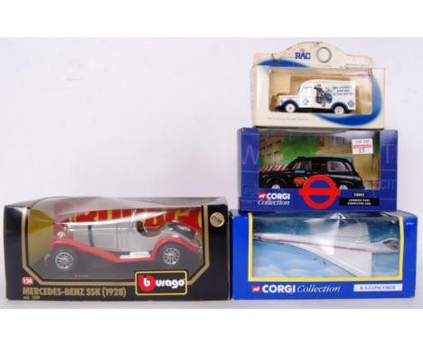 A collection of 3x diecast vehicles to include; Burago Mercedes Benz SSK 1509, Corgi Hackney Carriage&nbsp;Taxi 58002 &amp; R