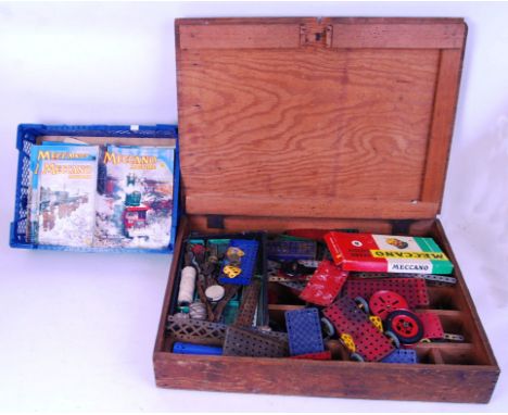 A large collection of vintage Meccano within a wooden box to include; Gears Outfit box B, green, silver &amp; gold coloured s
