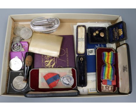 An Imperial Service medal, a silver football medallion, commemorative coins and sundries