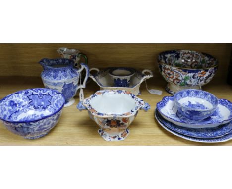 A Cauldon transfer-printed blue and white jug and sugar bowl and sundry other English ceramics, including three items of iron