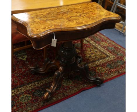 A Victorian burr walnut serpentine fronted folding card table W.92cm