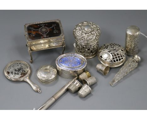 A George V silver pique and tortoiseshell trinket box, sundry decorative silver and other items, the box of rectangular form 