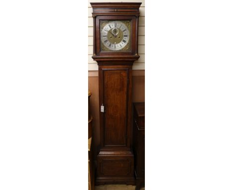 A late 18th century inlaid oak eight day longcase clock H.209cm