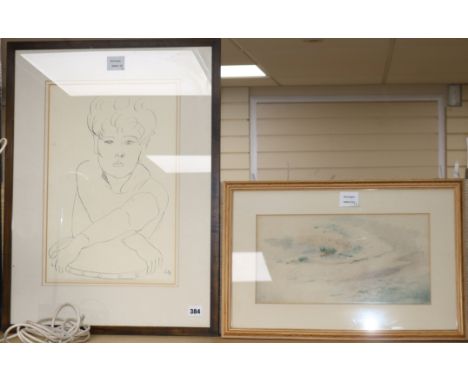 Edward Wolfe, pen and ink, Portrait of a young woman, signed, 44 x 29cm and a watercolour landscape, 19 x 36cm