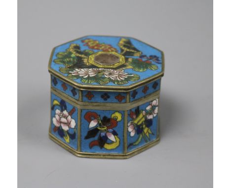 A Chinese cloisonne enamel octagonal box and cover, c.1900, decorated with the eight symbols of Good Fortune height 4cm