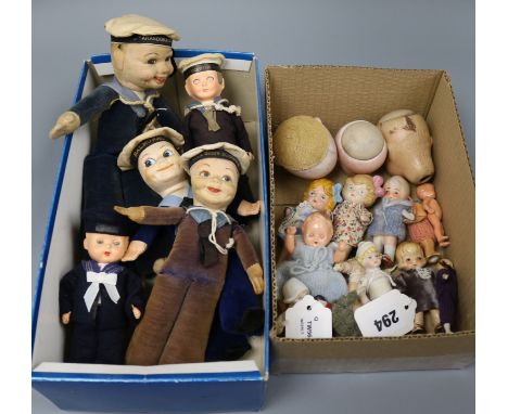 Five souvenir sailor dolls, a collection of miniature dolls and three Armand Marseilles bisque doll's heads, the sailor dolls