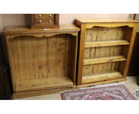 Two pine three shelf open fronted bookcases W.97cm and 92cm