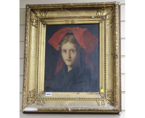 J. Henner, oil on panel, Portrait of a young lady wearing a red bonnet, signed, 39 x 31cm