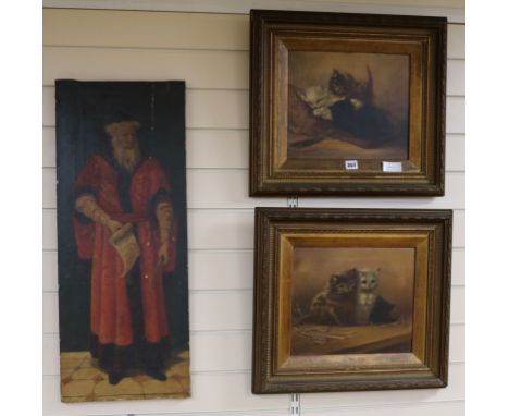 C. S. Ainslie, pair of oils on canvas, "At the cat show" and 'Sleeping Kittens', 27 x 32cm and English School c.1900, oil on 