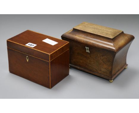 A George III mahogany tea caddy and a sarcophagus tea caddy