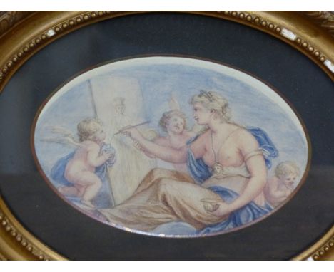 19th.C. ENGLISH SCHOOL. OVAL PORTRAIT OF MOTHER AND SON, WATERCOLOUR. 25 x 20cms. TOGETHER WITH AN OVAL WATERCOLOUR OF A CLAS
