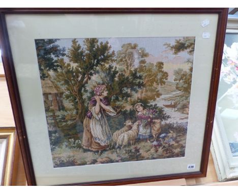 A PAIR OF TAPESTRY PICTURES OF RURAL SCENES. 44 x 49cms (2)