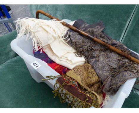 A COLLECTION OF LADIES DRESS SCARVES AND A WALKING STICK. 