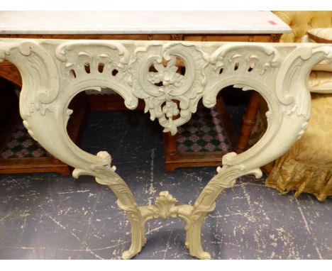 A GREEN VARIEGATED MARBLE TOPPED CREAM PAINTED ANTIQUE CONSOLE TABLE PIERCED AND CARVED IN THE ROCOCO STYLE, W 77 x D 35.5 x 