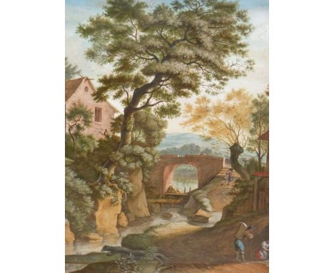 OLD MASTER SCHOOL. FIGURES IN A WOODED RIVER LANDSCAPE, INDISTINCTLY DATED 1757, GOUACHE. 38 x 30cmsFROM THE ESTATE OF PHILI