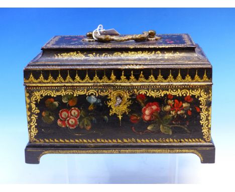 A 19th C. THREE COMPARTMENT TEA CADDY, POSSIBLY RUSSIAN, THE BLACK GROUND PAINTED WITH FLOWERS WITHIN GILT SCROLL FRAMES, THE