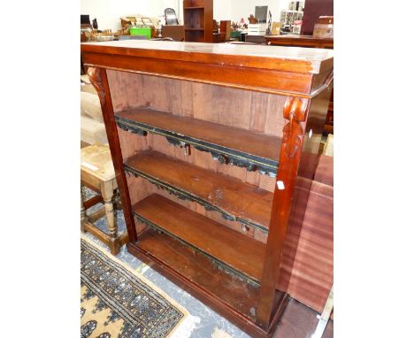 A 19th C. EBONY LINE INLAID MAHOGANY FOUR SHELF OPEN BOOKCASE.   W 90 x D 27 x H 113cms.