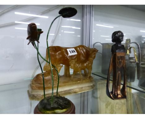 AN UNUSUAL BRONZED FISH AND LILLIES SCULPTURE, SIGNED INDISTINCTLY, TOGETHER WITH A SOAPSTONE CARVING OF CATTLE AND AN ART NO