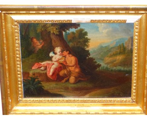 OLD MASTER SCHOOL. CUPID WITH A SATYR, OIL ON PANEL. 15 x 20cms