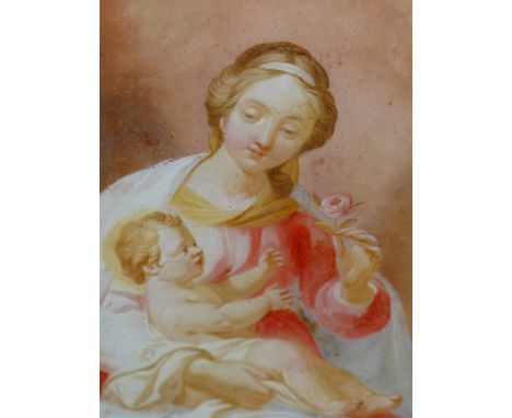 OLD MASTER SCHOOL. MADONNA AND CHILD, REVERSE PAINTING ON GLASS. 25.5 x 19.5cms. ORIGINAL EBONISED AND CARVED GILTWOOD FRAME