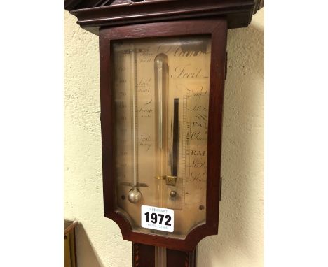 A GEORGE III CHARLES AIANO BARBERS POLE LINE INLAID MAHOGANY STICK BAROMETER WITH A SILVERED SCALE BELOW THE BROKEN PEDIMENT.