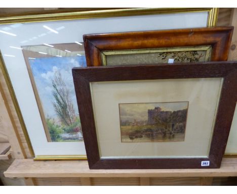 A 19th. C. WATERCOLOUR OF A CASTLE SIGNED W.P.H FOSTER. 17 x 25cms. TOGETHER WITH A VICTORIAN MAPLE FRAMED NEEDLEWORK PANEL A