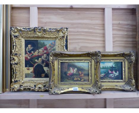 A PAIR OF DECORATIVE PAINTINGS OF POULTRY, SIGNED INDISTINCTLY, OIL ON CANVAS. 13 x 18cms IN SWEPT GILT FRAMES. TOGETHER WITH