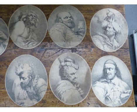 A GROUP OF SEVEN ANTIQUE OVAL OLD MASTER PORTRAIT PRINTS OF MEN IN VARIOUS GUISES. 35 x 29cms (7) UNFRAMED