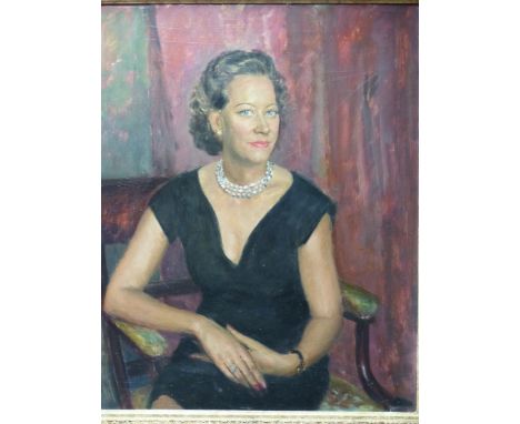 20th.C. ENGLISH SCHOOL. PORTRAIT OF A SEATED LADY, OIL ON BOARD. 76 x 64cms
