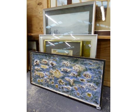 AN INTERESTING MODERNIST FRAMED CERAMIC PANEL OF FISH. 38 x 80cms. TOGETHER WITH OTHER 20th.C. ABSTRACT PAINTINGS AND PRINTS,